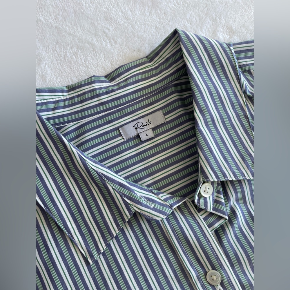 Rails Janae Bank Stripe Blue and Green Cotton Balloon Sleeve Shirt Size Large - Picture 10 of 13